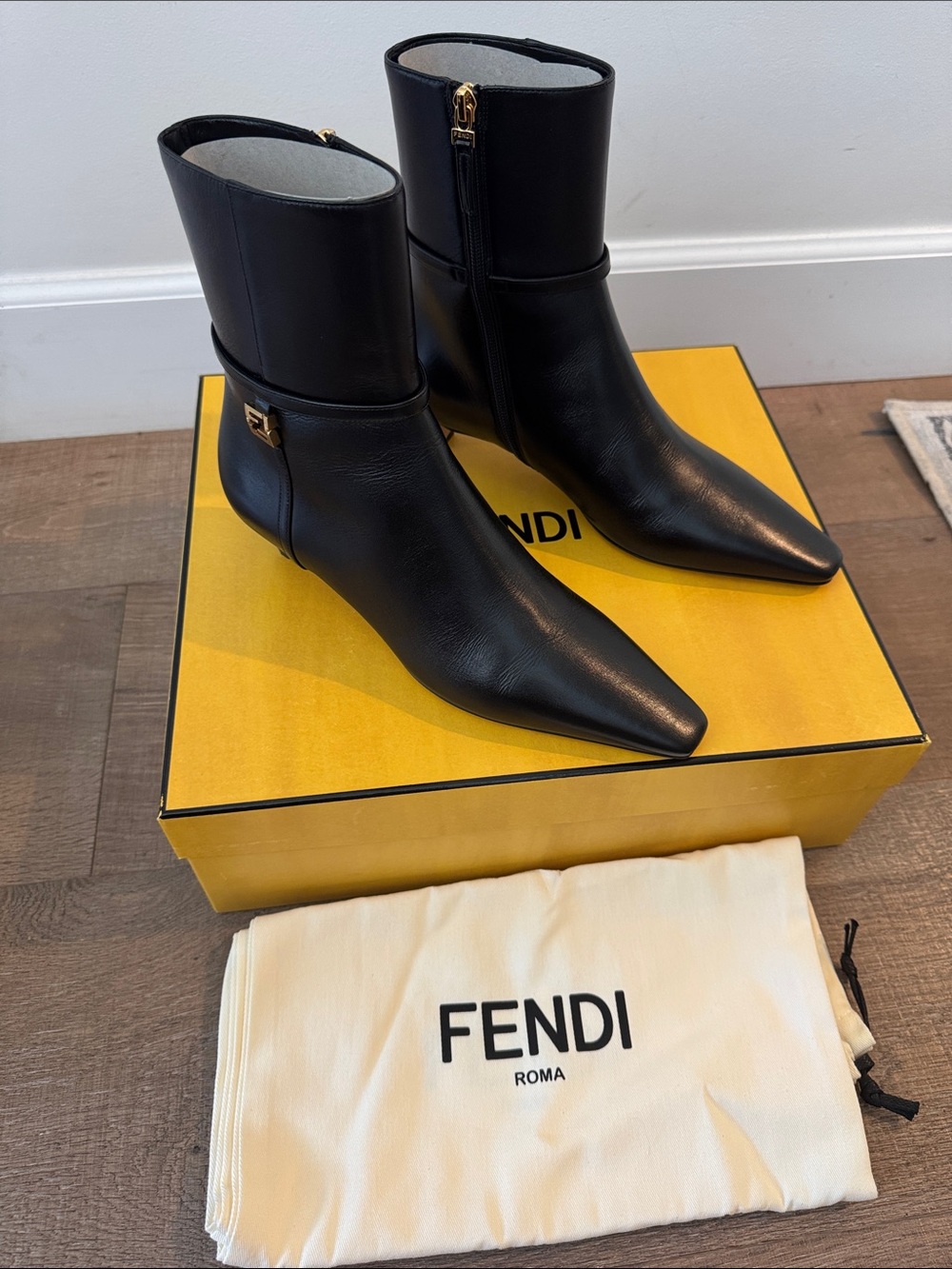 Fendi Black Leather Pointed Toe Mid-Calf Boots with Gold Accent